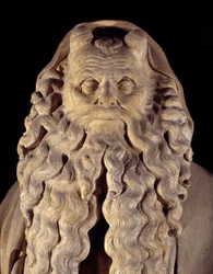Arte Gótica Flamenga: o profeta Moisés. detalhe do pedestal com as representações de Daniel, Zaccharia, Isaías, Moisés, Jeremias e David por Claus Sluter (1350-1406) conhecido como os Puits of Moses (ou Poço dos Profetas)