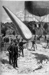 Aerostatos militares: experiências telefônicas no estabelecimento do Meudon. Gravura de Claverie em "Le Monde Illustré" n°1331 de 30 de setembro