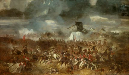 Guerra Napoleónica: «Vista da batalha de Waterloo em 18/06/1815». Pintura de Clément Auguste Andrieux (1829-1880), 1852, 1,1 x 1,93 m.