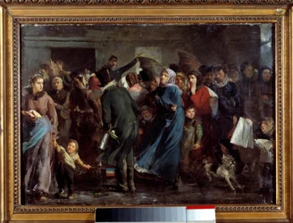 A fila diante do talho. Os habitantes famintos de Paris esperam pela sua vez no talho durante a guerra de 1870 - 1871 contra a Prússia.