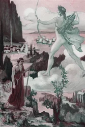 Invocação. A raiva de Apollo: O Padre Chryses invoca Apolo, dizendo: "Que os gregos sejam expulsos, pelas vossas setas, das lágrimas que me fazem derramar! . Ilustração de Clement Gontier (1876-1918) para "A Ilíada" de Homere (Omero). Paris, Henri Laurens