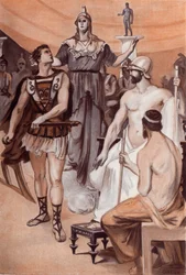 A Querelle de Aquiles e Agamenon: Minerva, descendo do céu, aproximou-se por trás de Aquiles e o agarrou pelos cabelos para impedi-lo de desembainhar sua espada contra Agamenon. Ilustração de Clement Gontier (1876-1918) para “A Ilíada” de Homero (Omer