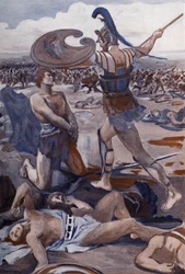 A morte de Pátroclo: Heitor mata Pátroclo. Ilustração de Clement Gontier (1876-1918) para «A Ilíada» de Homero (Omero). Paris, Henri Laurens