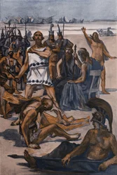 Thersite bate por Ulysses. Ilustração de Clement Gontier (1876-1918) para “A Ilíada” (Omero) de Homero. Paris, Henri Laurens