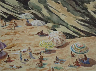 Praia, rochas e guarda-sóis