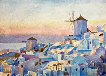 Santorini Oia - pôr do sol, hora da iluminação, 2018 (aguarela)