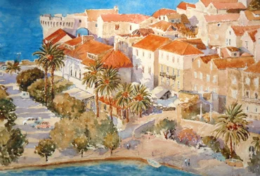 Pôr do sol, porto de Korçula, 2011 (aguarela)