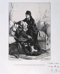 Guerra Franco-Prussiana 1870-1871: um soldado ferido a receber cuidados e alimento. De uma série de litografias de Clément-Auguste Andrieux sobre as Guardas Nacionais.