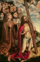 Cristo, o Mediador, com Filipe, o Belo (1478-1506) e seu séquito, painel da mão esquerda de um retábulo (ver também 223221)