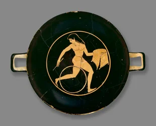Copa ática de figuras vermelhas decorada com um menino carregando um prato de comida e rolando um aro, encontrado em Chiusi, Itália, c.500 aC (cerâmica)