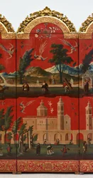 Biombo com vistas da Cidade do México (óleo sobre laca maki-e vermelha sobre painel, com montagens em madeira dourada e suporte em linho)