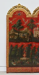 Biombo com vistas da Cidade do México (óleo sobre laca maki-e vermelha sobre painel, com montagens em madeira dourada e suporte em linho)