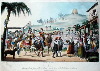 Procissão de casamento na região de Cagliari, na Itália, gravada por Bezard 1825 (litho colorido)