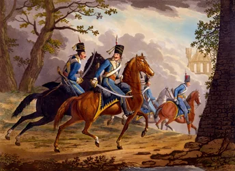 Hussardos austríacos em busca do inimigo, 1799 (aquatinta colorida à mão)