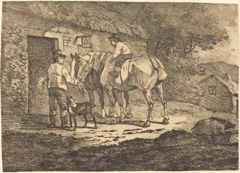 Cavalos na porta da casa de campo