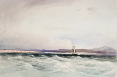O navio de prospeção HMS "Beagle" a entrar em Berkeley Sound, nas Ilhas Falkland