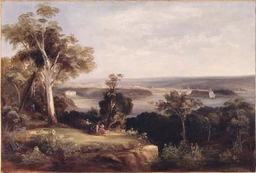 Paisagem arborizada com uma vista distante de Sydney