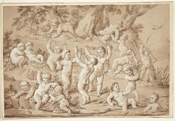 Um grande grupo de Putti jogando contente por um fluxo