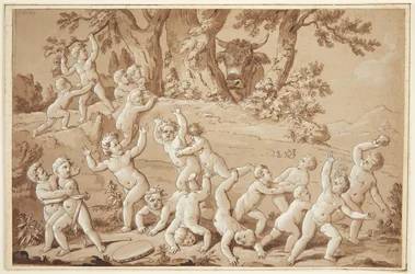 Um grande grupo de putti mergulhado no terror pela chegada de um touro