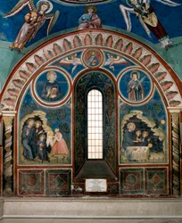 Diferentes episódios da vida de São Bento de Nursie: à esquerda uma mulher estende um pedaço de pão venenoso a São Benoit, à direita um corvo leva o pão e salva São Benoit. Fresco pelo Mestre Consolo (século XIII) Mosteiro da Igreja Baixa o