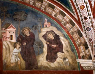 O monge Romano passou o hábito ao jovem Benoit de Nursie na região de Subiaco, retirou-se para uma gruta Fresco pelo Mestre Consolo (século XIII) Igreja Baixa. Mosteiro de São Benedetto (Sacro Speco), Subiaco (Roma), Itália