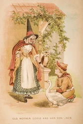 Velha mãe ganso e seu filho, Jack, capa de rimas e contos de &39;Old Mother Goose&39;, publicado por Frederick Warne und Co., c.1890s (chromolitho)