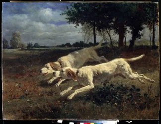 Cães correndo. Pintura de Constant Troyon (1810-1865). Óleo sobre tela, 75 x 11 cm