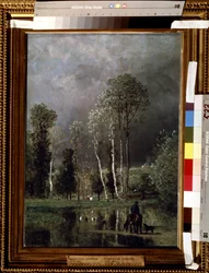 Tempestade em progresso. Pintura por Constant Troyon (1810-1865). Óleo sobre madeira, 53 x 38,5 cm