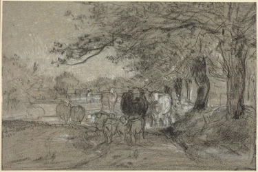 Vacas e ovelhas sob árvores