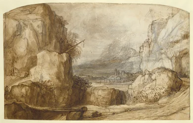 Paisagem montanhosa (caneta, tinta marrom, pincel e giz sobre papel)