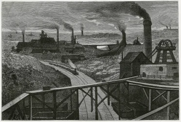 Mineração de carvão e terráqueos (aspectos do contree boraine). Gravura de Constant Meunier, para ilustrar a história "Bélgica", de Camille Lemonnier (1844-1913) escritor belga. Publicado em Le Tour du monde, nouveau journal des voyages, 2º semestre de 188