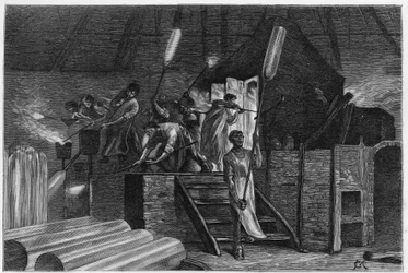 Dentro de uma vidraria, em Lodelinsart (ou Lodlinsat, na cidade de Charleroi). Gravura de Constant Meunier, para ilustrar a história "Bélgica", de Camille Lemonnier (1844-1913) escritor belga. Publicado em Le Tour du monde, nouveau journal des voyages, 2