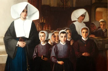 Pintura. Assinado e datado: Constant Meunier 1864. Os órfãos. Óleo sobre tela. Detalhe.