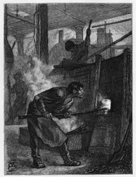 Puddleur tem o seu forno (operário de aço responsável pela agitação do ferro para o transformar em ferro por queima de carbono), numa fábrica em Jumet (ou Djumet, na cidade de Charleroi). Gravura de Constant Meunier, para ilustrar a história "Bélgica", de 