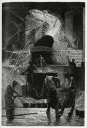 A fundição de aço nos estabelecimentos Cockerill em Seraing. Gravura de C. Meunier para ilustrar o relato «A Bélgica», de Camille Lemonnier (1844-1913), escritor e crítico de arte.