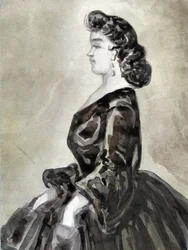 Estudo de mulher de meio-corpo, mãos nos bolsos, perfil à esquerda