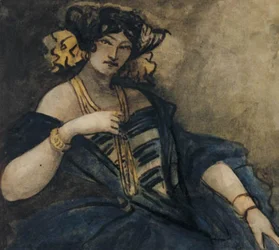 Mulher sentada, elegantemente vestida, meia figura