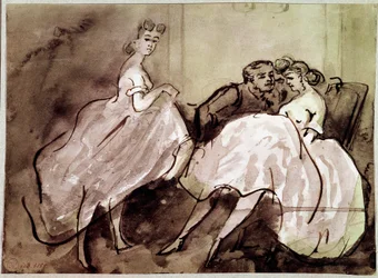 Duas prostitutas e um cliente de sedução em um bordel. Desenho de Constantino (1805-1892) Paris do século XIX, Musee Carnavalet