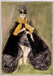 Mulher de fundo verde Aquarela de Constantino (1805-1892) Paris do século XIX, Musee Carnavalet