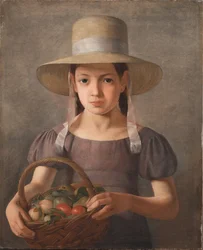 Uma menina com frutas em uma cesta