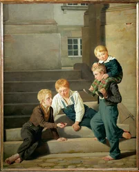 Rapazes a jogar aos dados em frente ao palácio de Christiansborg em Copenhaga (pintura sobre tela)