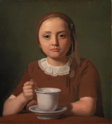Retrato de uma menina, Elise Købke, com uma taça na frente dela, 1850