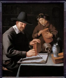 O pintor e a sua pupila. Um aprendiz observa o seu mestre a desenhar num caderno. Pintura (Vanite) de Constantin Verhout (ou Voorhout)