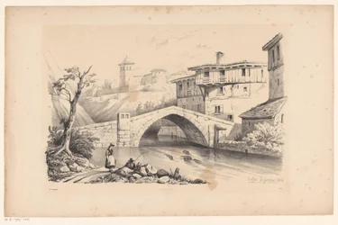 Ponte sobre o rio na aldeia de montanha A Paisagem (título da série)