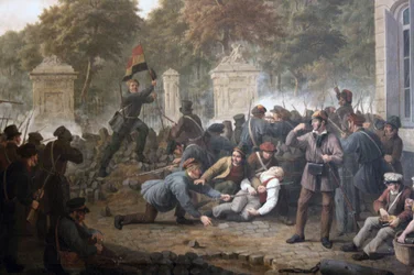 Barricada revolucionária de frente para o Parque de Bruxelas durante os combates entre rebeldes belgas e forças holandesas em 1830
