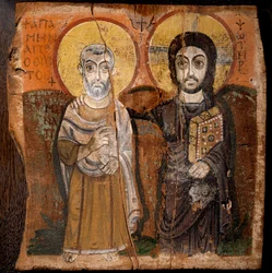 Arte copta: Cristo e o abade Mena. São Menas (Minas, Mina, Mena, Mennas), mártir egípcio do século III. Fragmento de pintura sobre madeira dos séculos VI ou VII. Dimensões: 57 x 57 cm. Do sítio de Baouit, no Egipto.