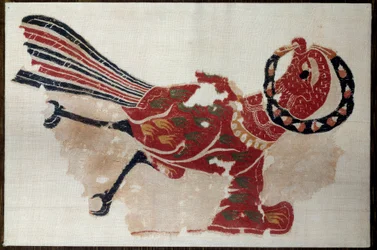 Arte copta: fragmento de lã e linho pendurado: ave (águia?) século V depois de JC. Do Egito. Paris, Museu do Louvre