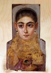 Arte copta: jovem mulher chamada Fayoum (Fayum) (cerca de 160 d.C.). Pintura a cera sobre madeira. Paris, Museu do Louvre
