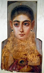 Arte copta: jovem mulher chamada «A Europeia», Fayum, cerca de 160 d.C. Pintura a cera sobre madeira. Paris, Museu do Louvre