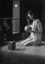 Mulher contemplativa a segurar um crânio